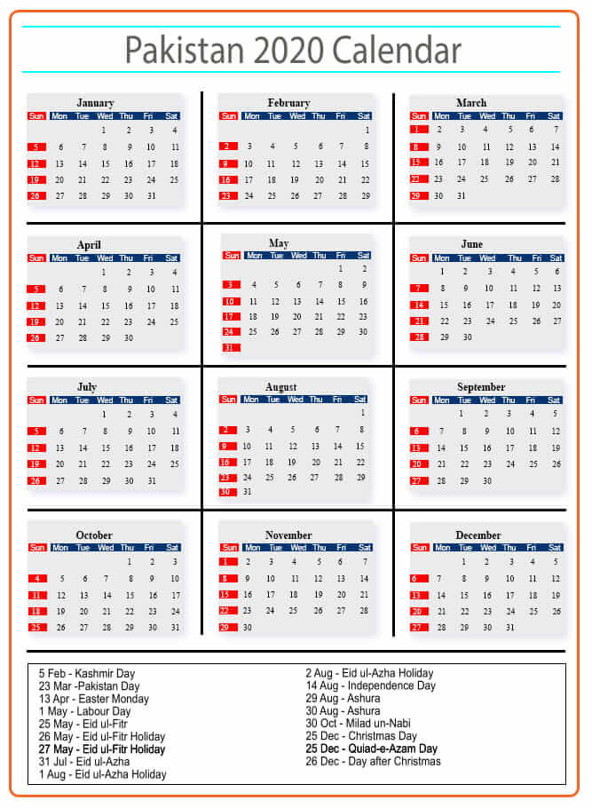 Pakistan Calendar 2020 With Pakistan Public Holidays   Pakistan Calendar 2020 